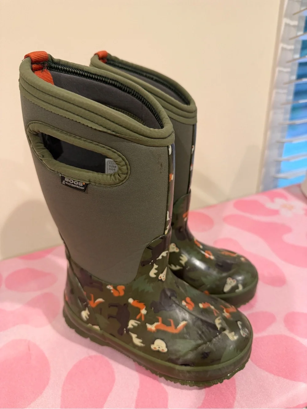 Bogs Kids Olive Green Rain Boots with Orange Pull Tabs Size 11